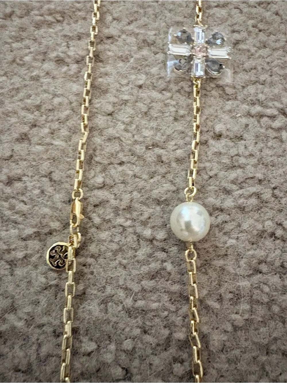 Tory Burch Gold-Tone Necklace with White Pearls and Crystal Motifs